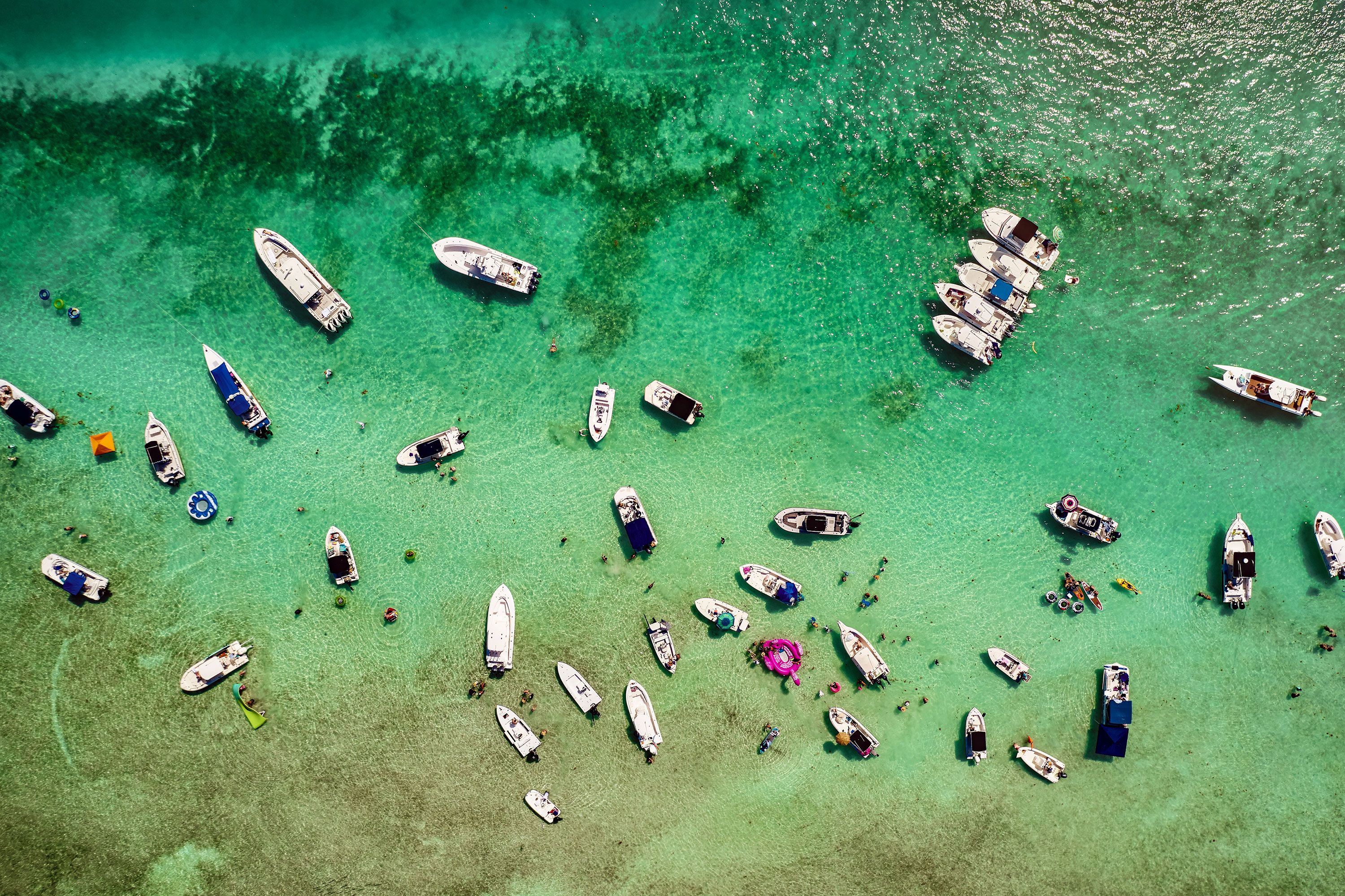 Boats gather on a sandbar in the Florida Keys. 