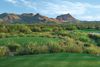 Smooth gold greens with mountains in the background.
