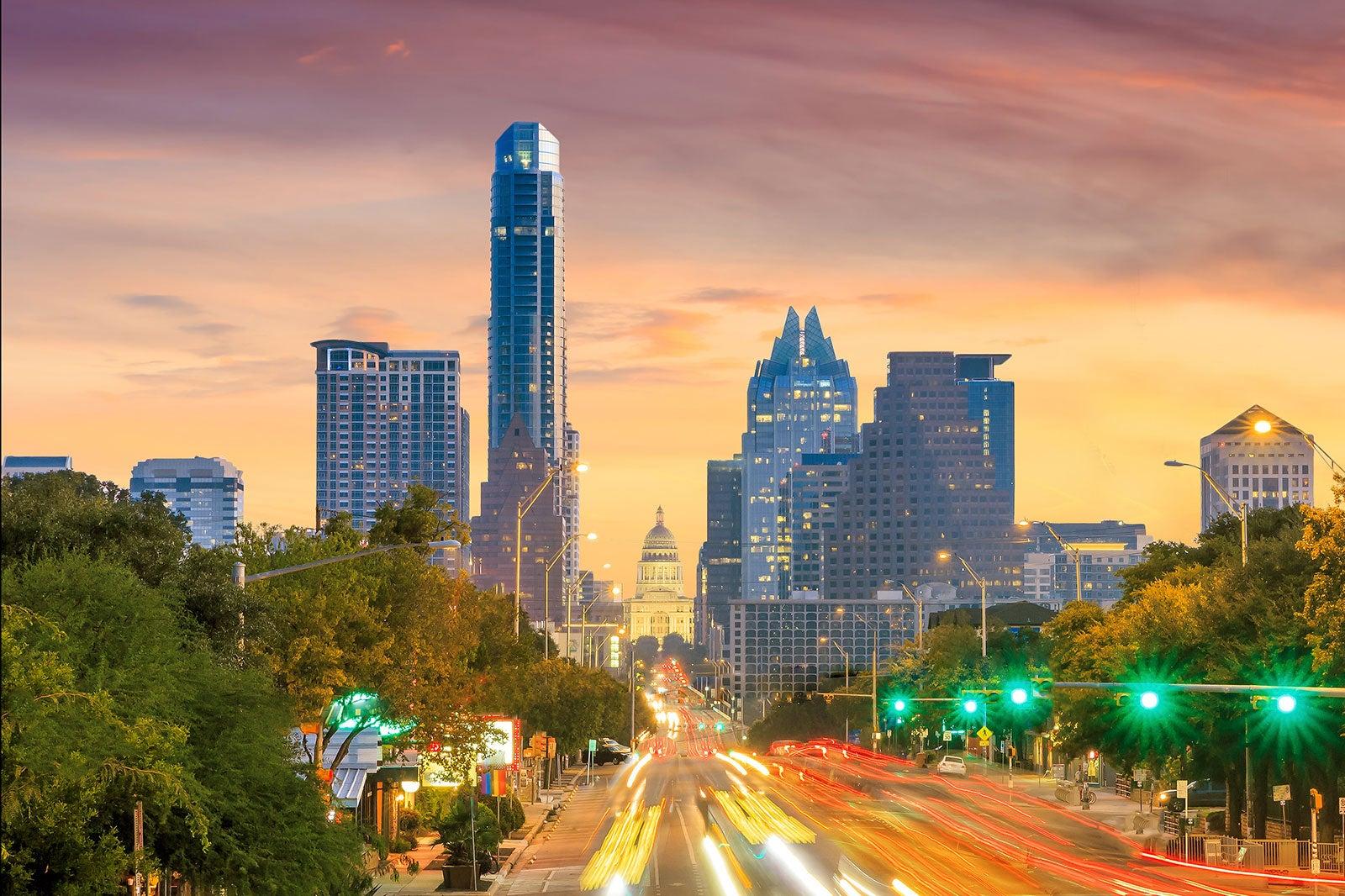 View of downtown Austin at dusk.