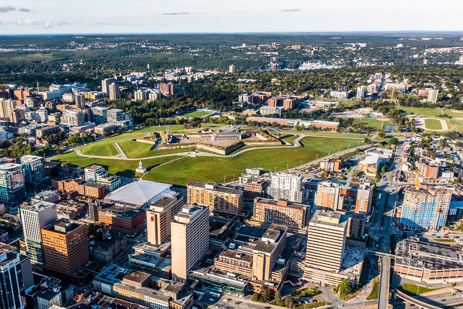 An above view of a citadel green area in a city.