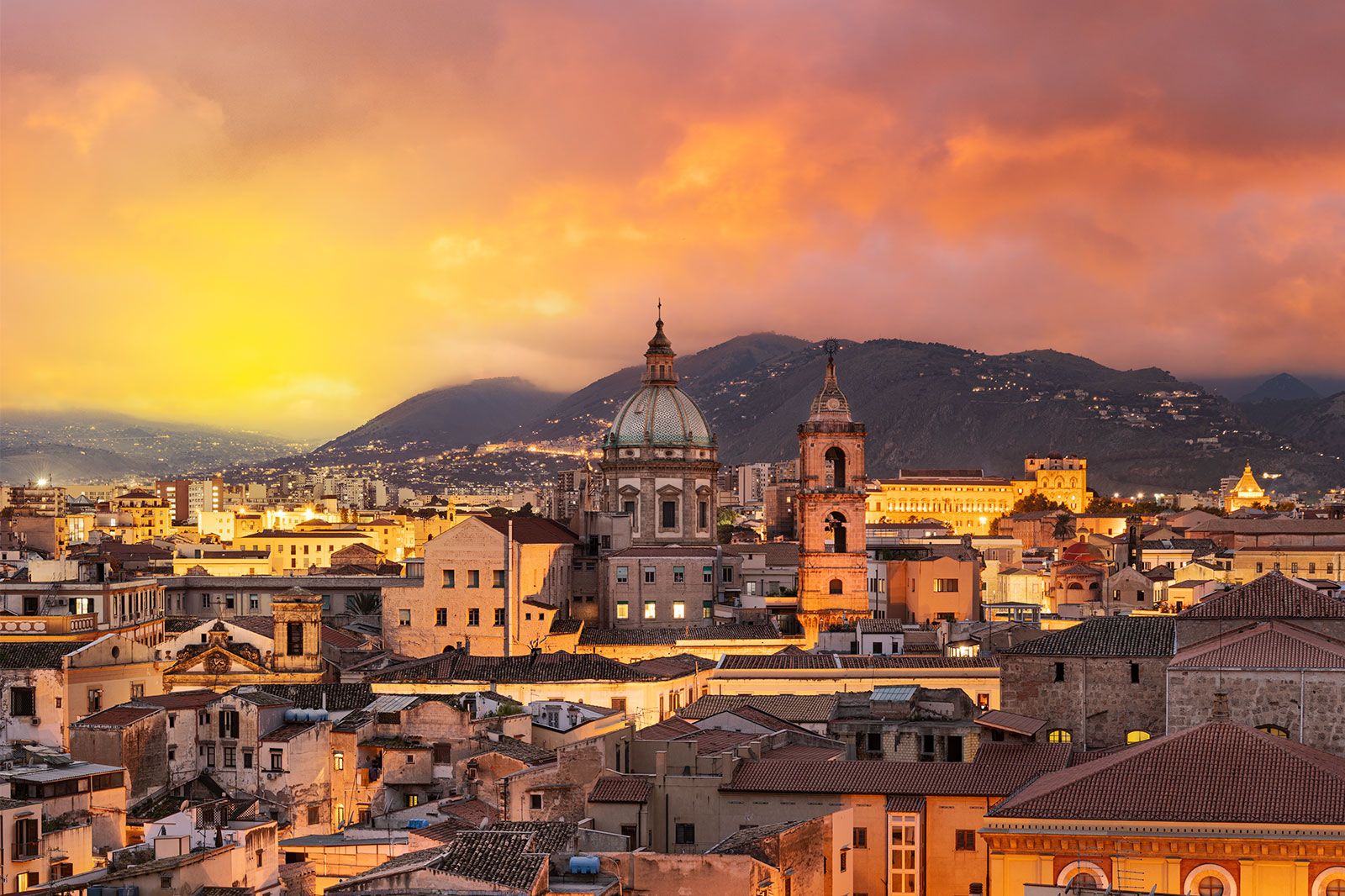 A sunset over an old city.