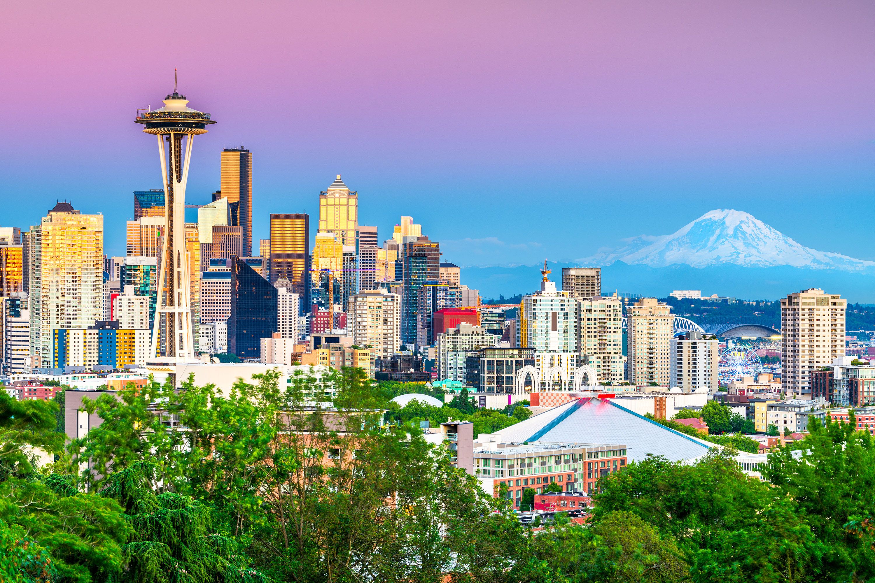 Skyline of downtown Seattle during sunset.
