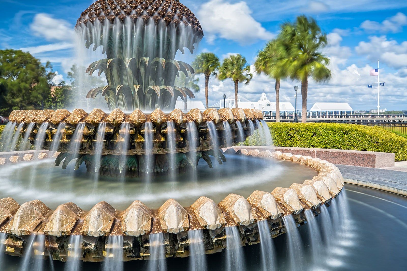 The downtown fountain in Charlestown.