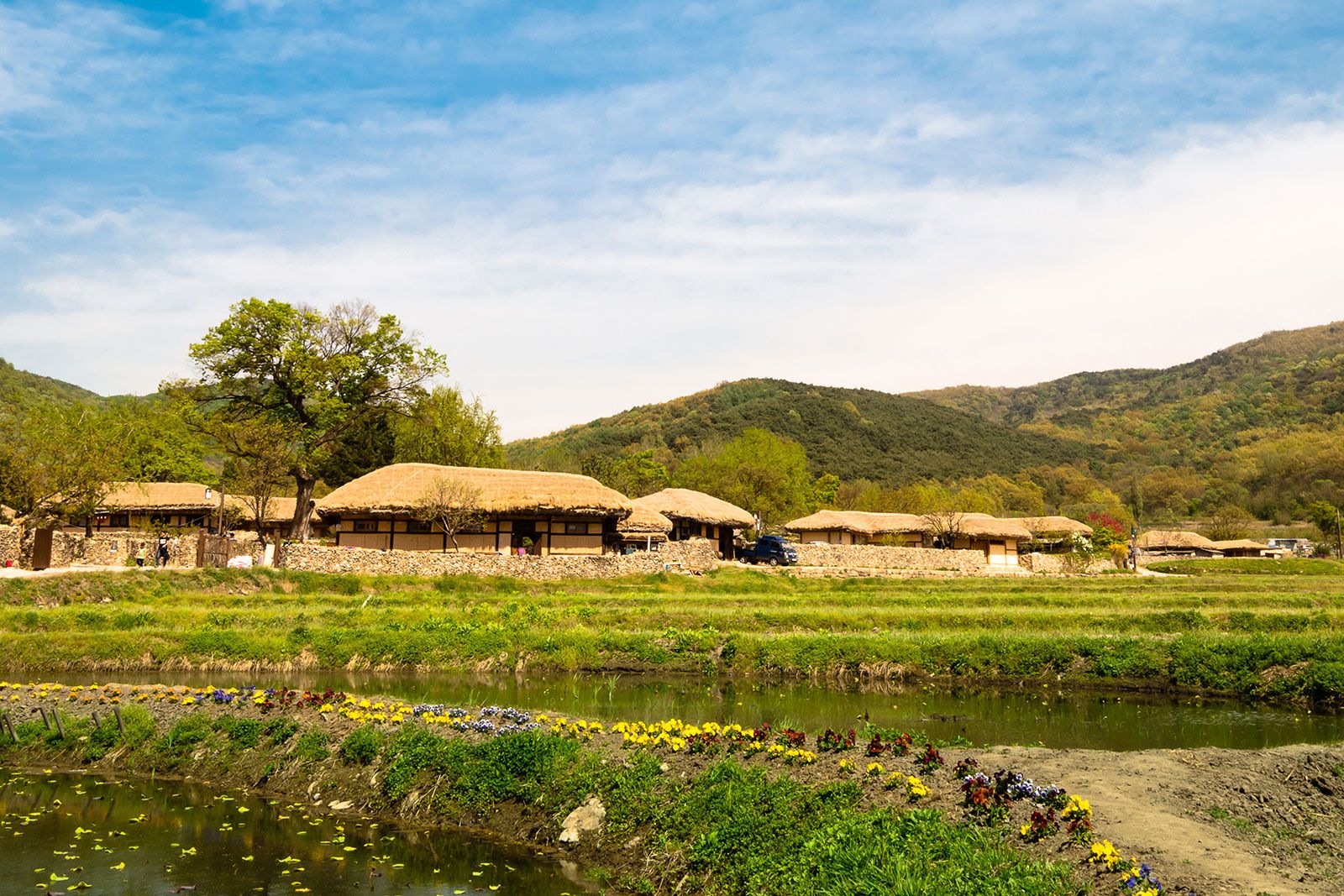 A village houses with green fields and hills in the background.