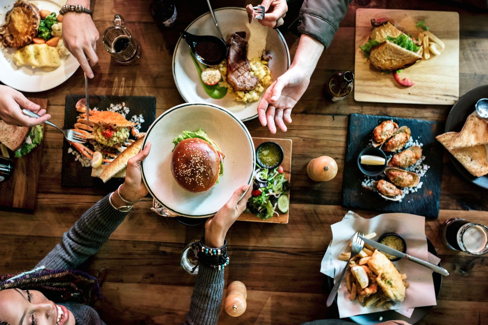 A table filled with food from above. 
