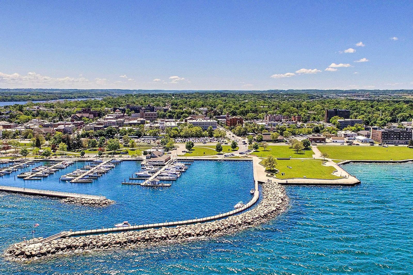 Shops along the waterfront from above.