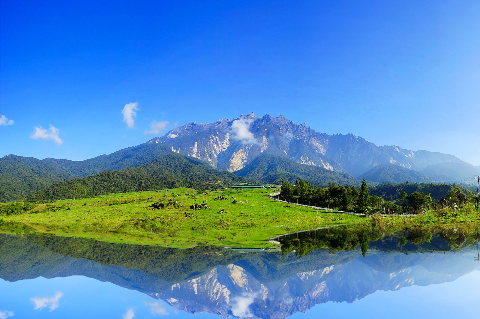 A view of a green field below a big mountain.