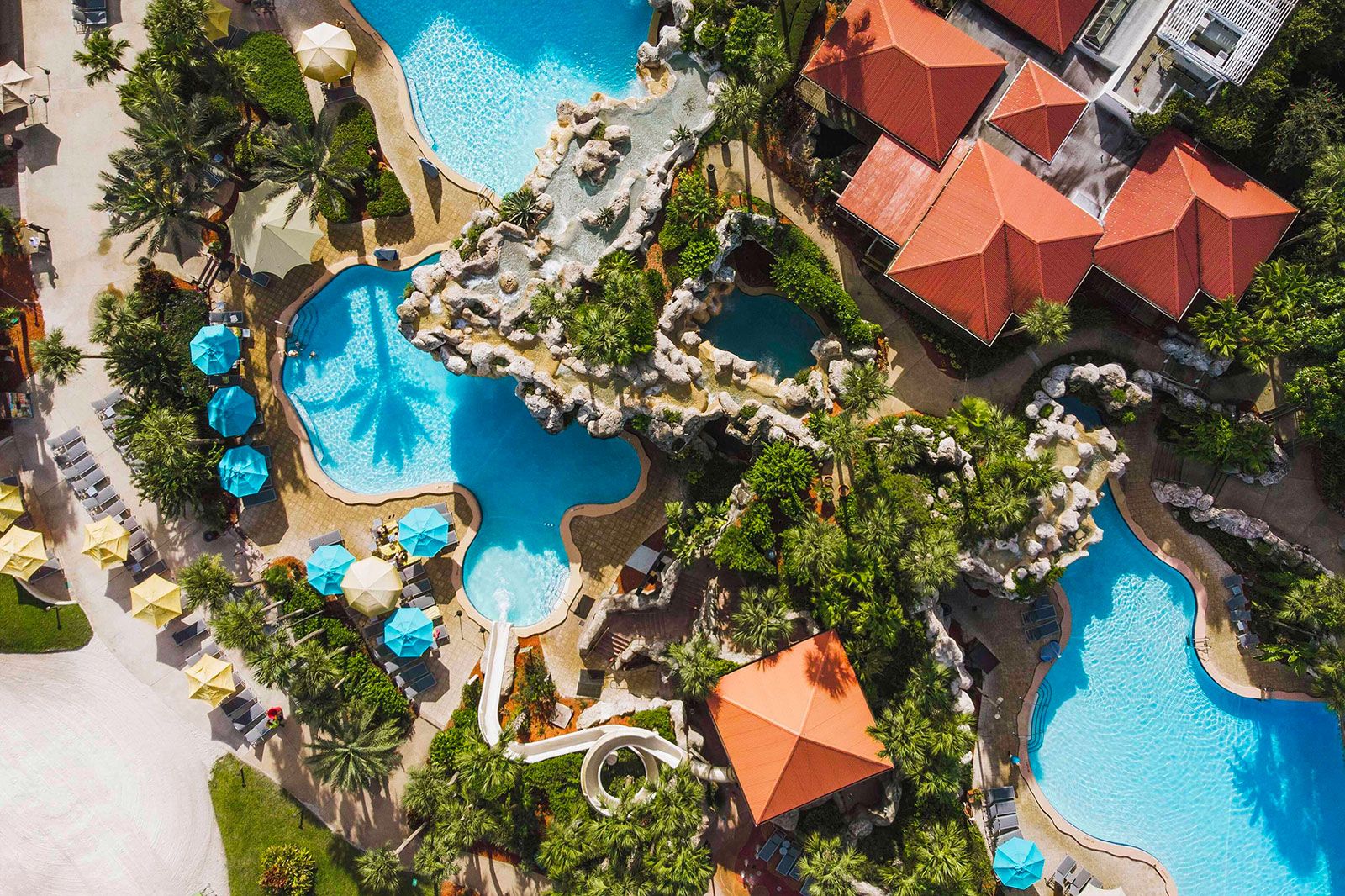 A pool complex and buildings.