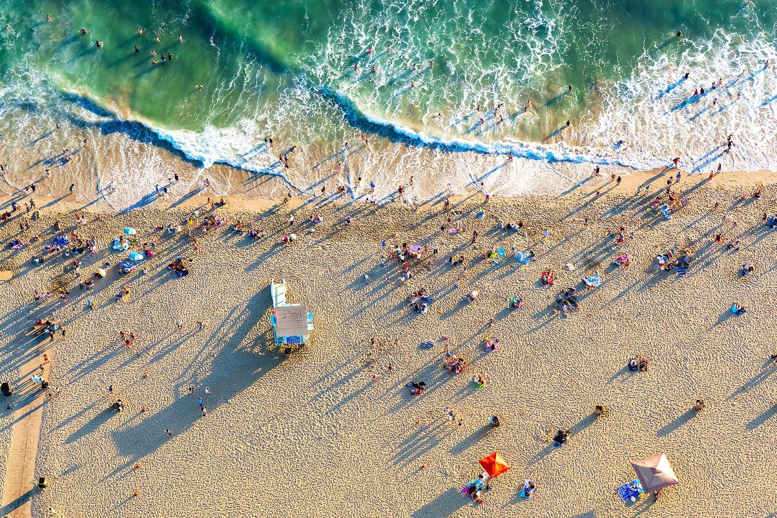 An aerial view of a beach.