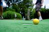 A close-up of a golf ball on greenery.