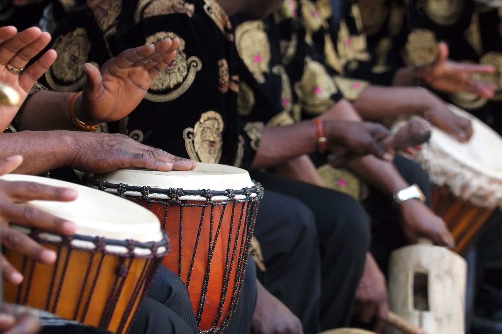 People perform on musical instruments. 