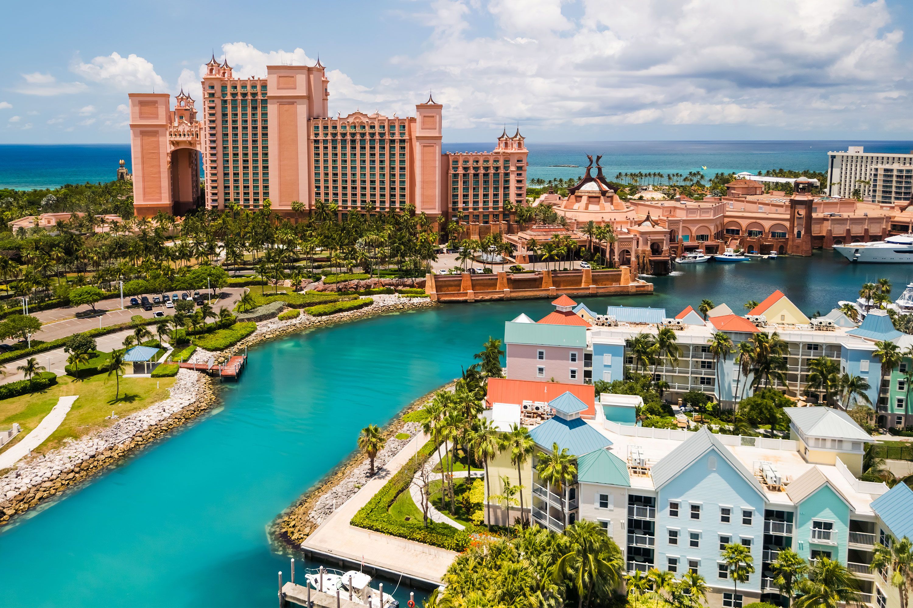 Aerial view of the colorful buildings and resorts of Paradise Island in the Bahamas.
