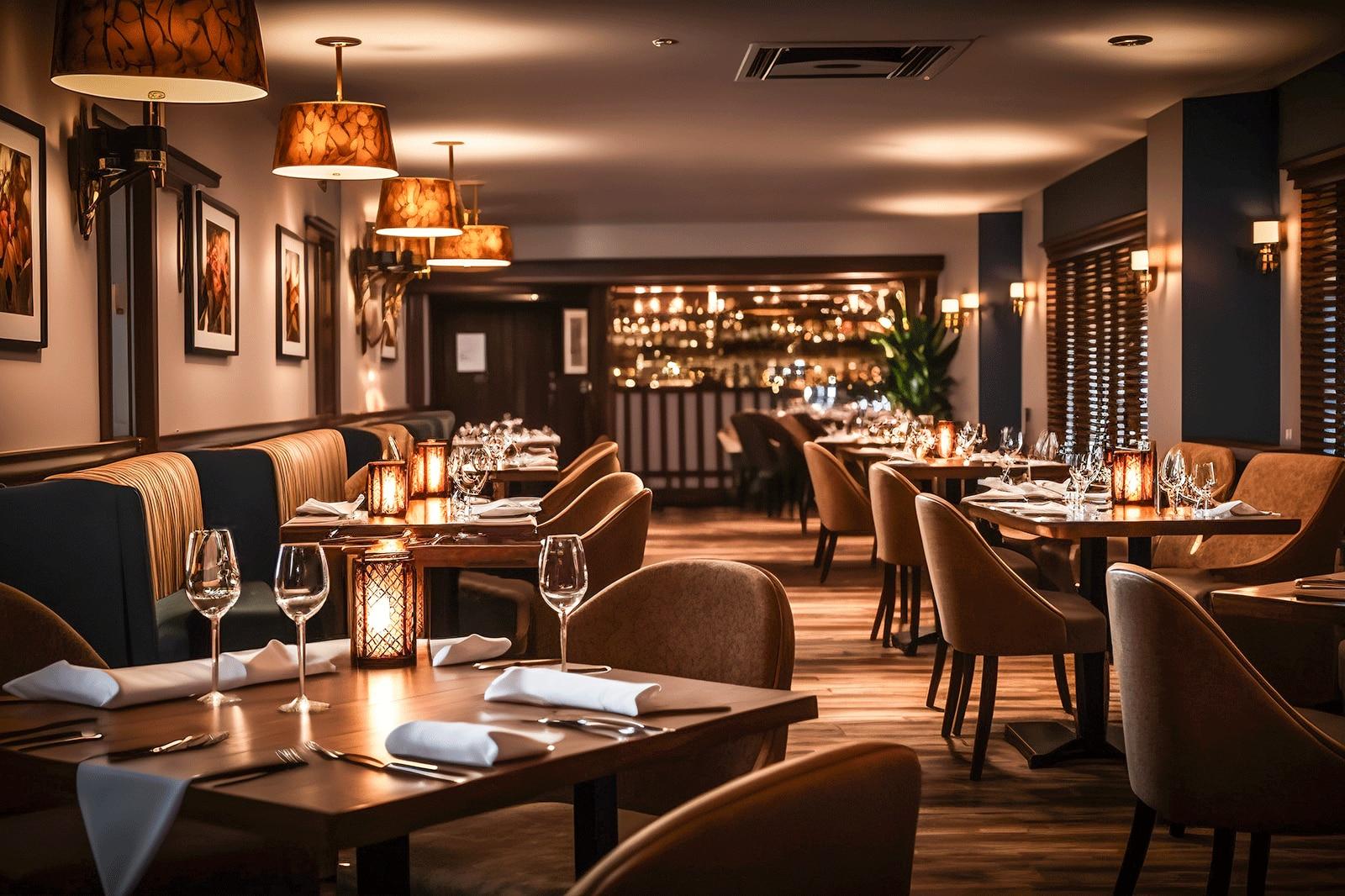 Interior of a nice restaurant with candles and wine glasses on the tables.