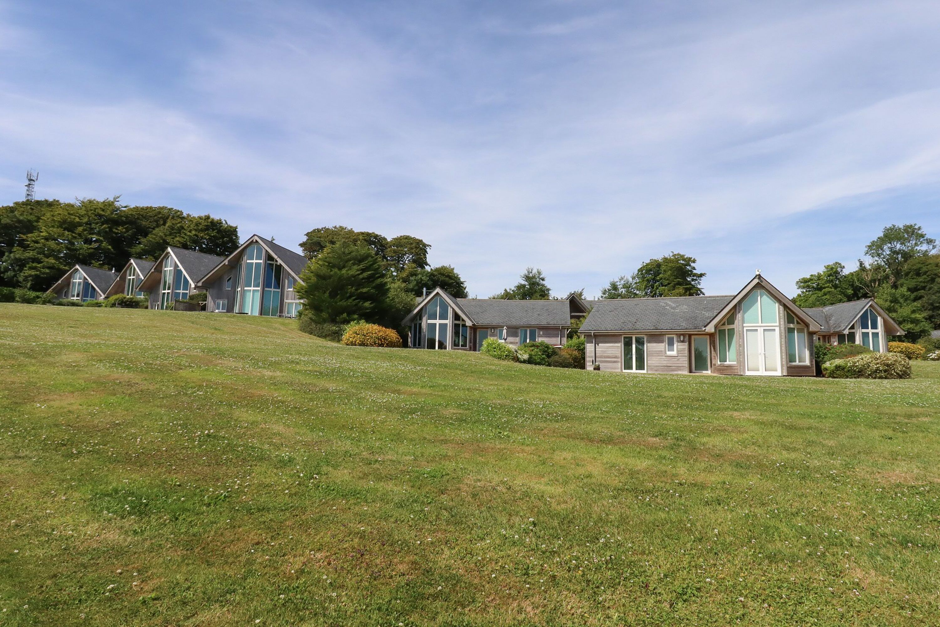 A field with modern cottages close together.