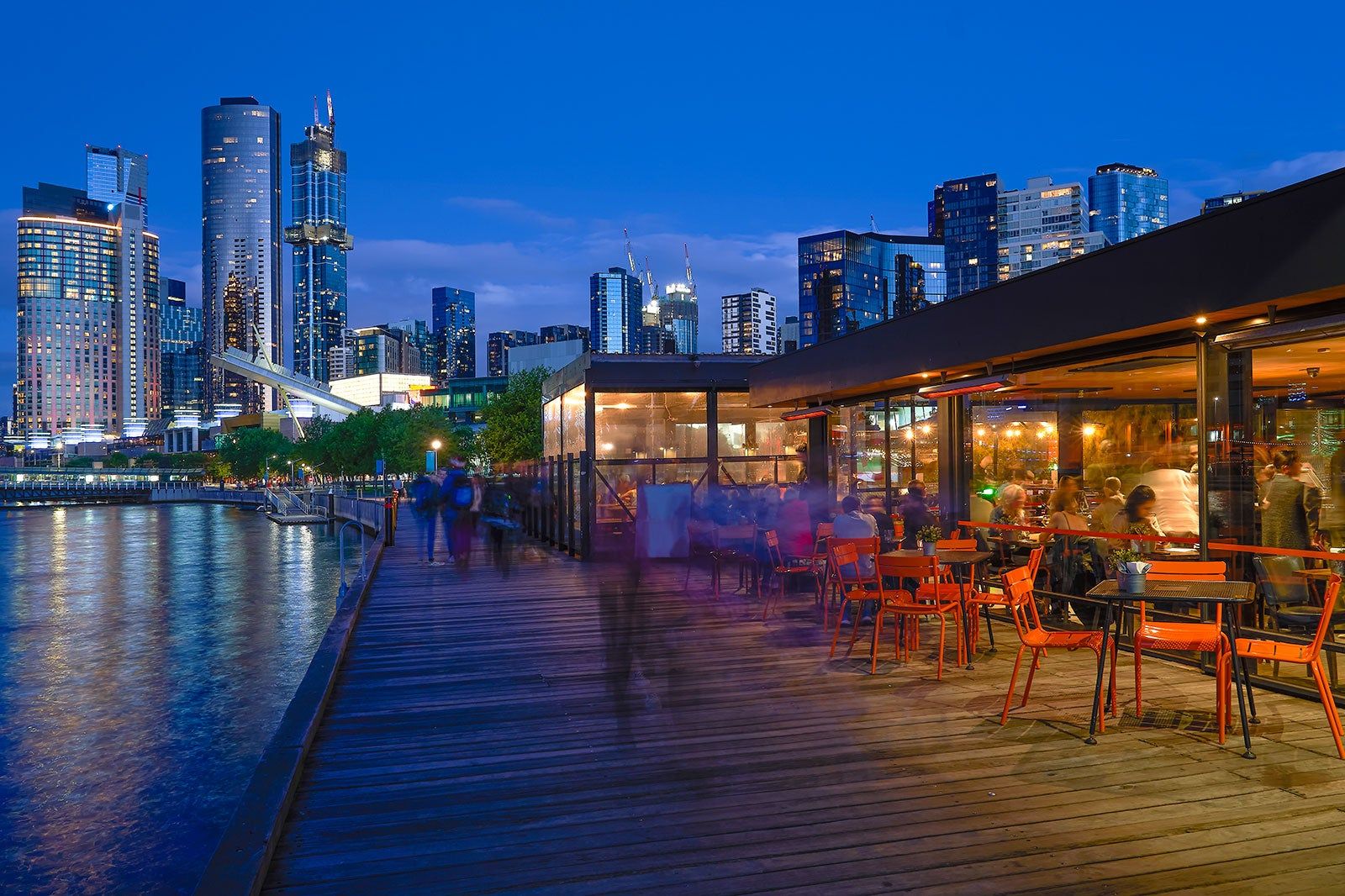 Restaurants on a boardwalk in Melbourne. 
