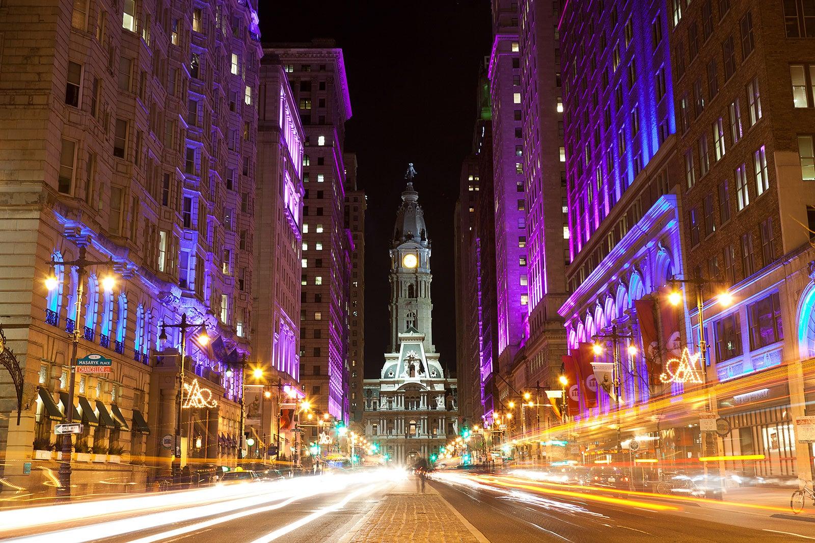 Downtown Philadelphia at night.