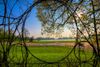 View of green park through a circular sculpture.