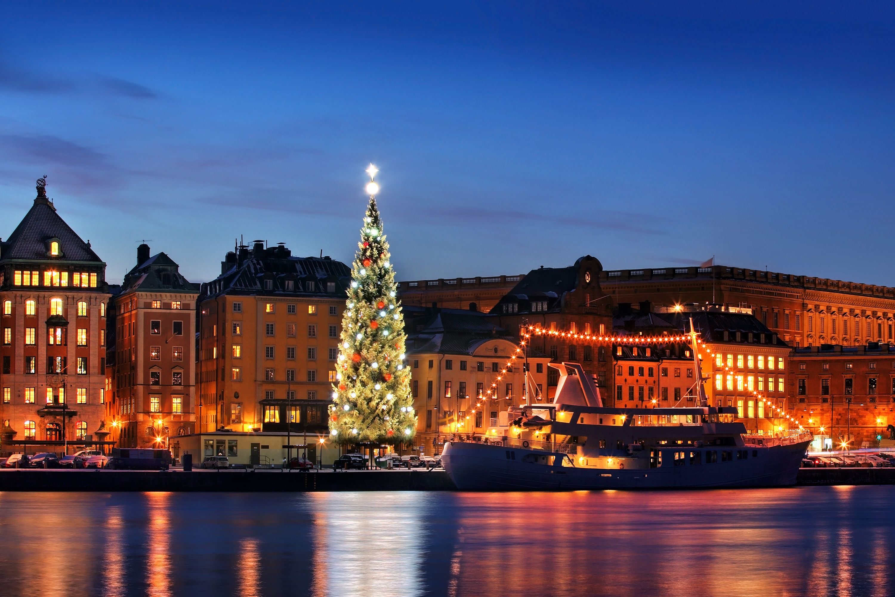 A city skyline view of Stockholm’s Old City with a Christmas tree lit up.