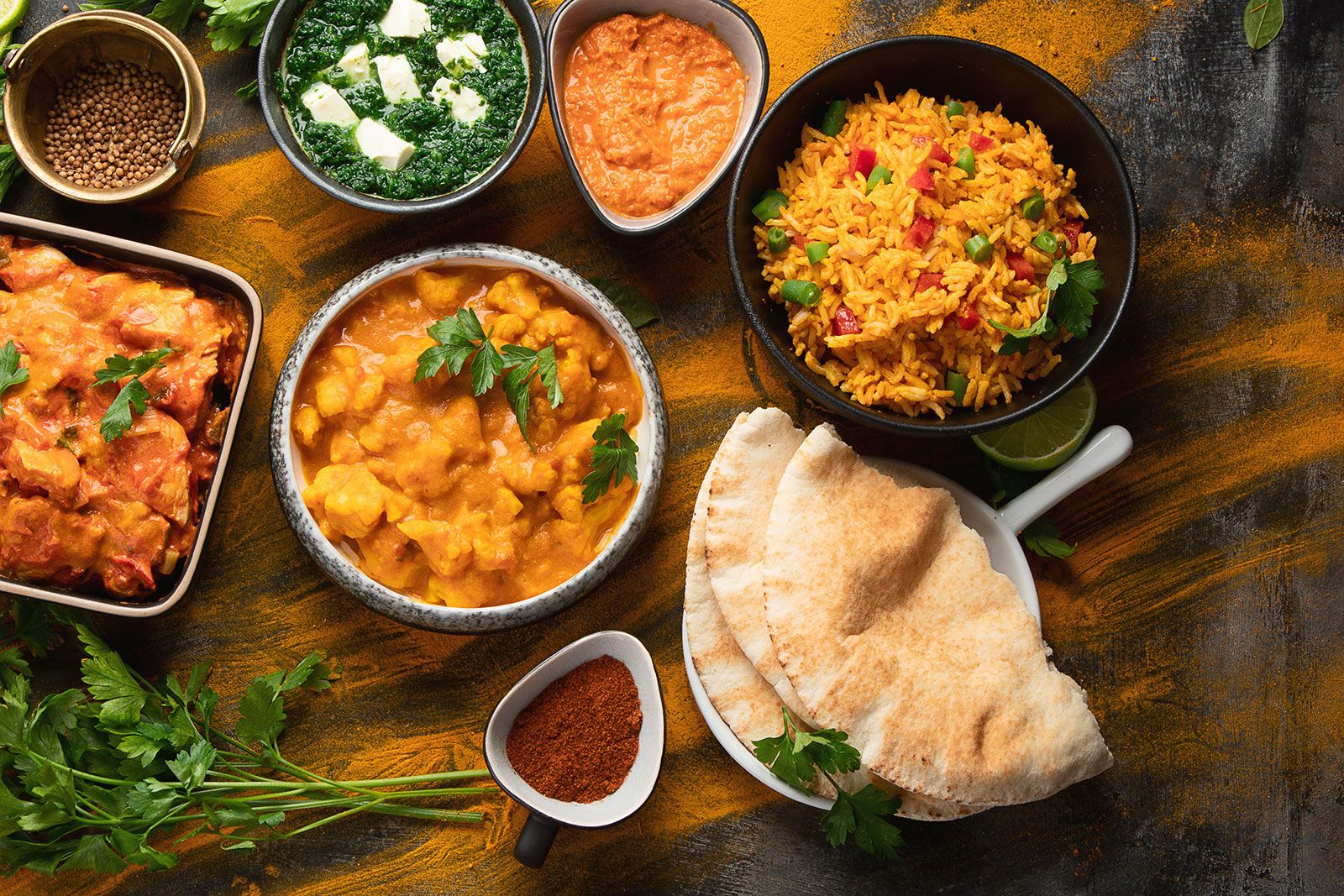 A variety of Indian food.