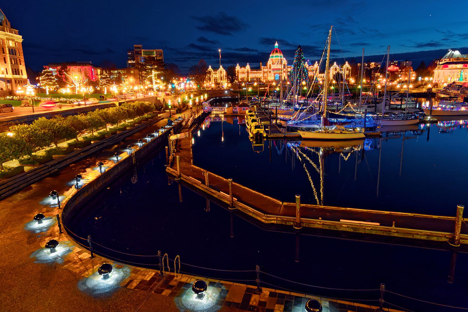 A boat harbor lit up at night.