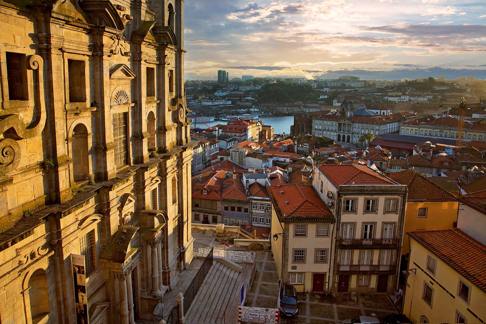 View of the city with stone wall buildings.