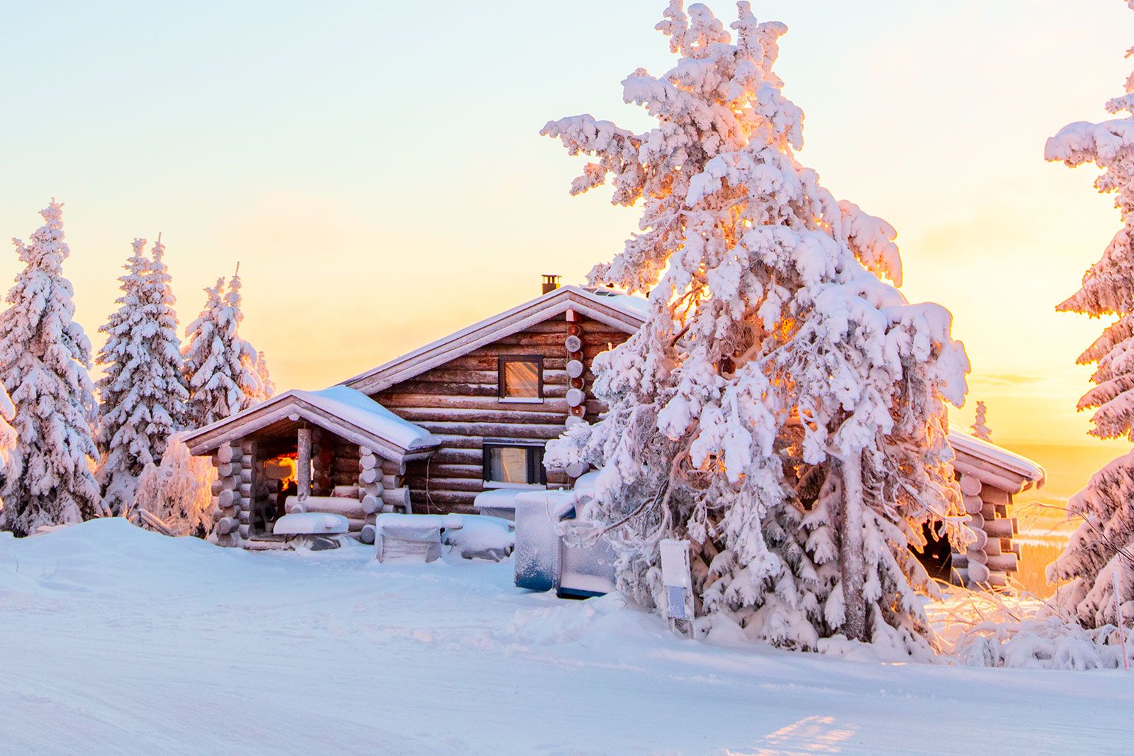 A lodge in between snow covered trees.