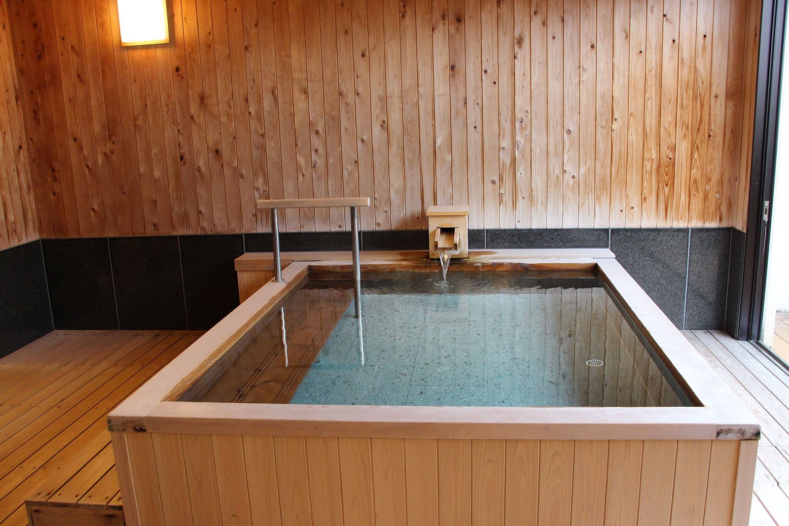 A Japanese wooden bathtub.