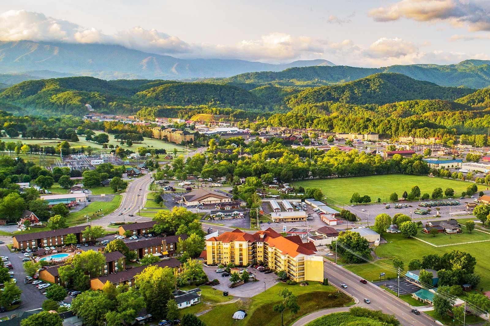 Ariel view of the town of Pigeon Forge.