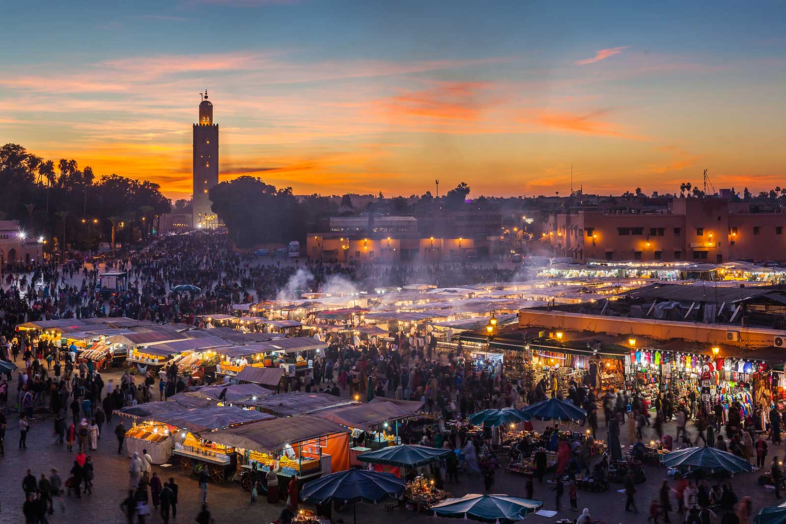 Night scene of the most famous public square in Marrakech.