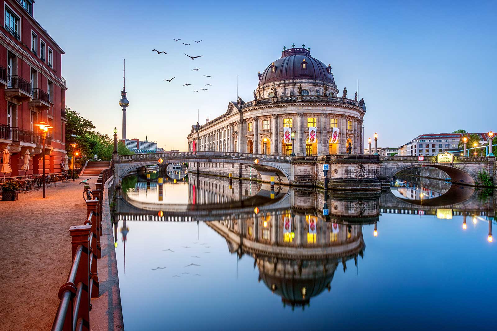 The Bode Museum sitting on the river Spree, the TV tower in the background.