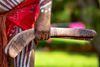 An Aboriginal Australian holding two boomerangs.