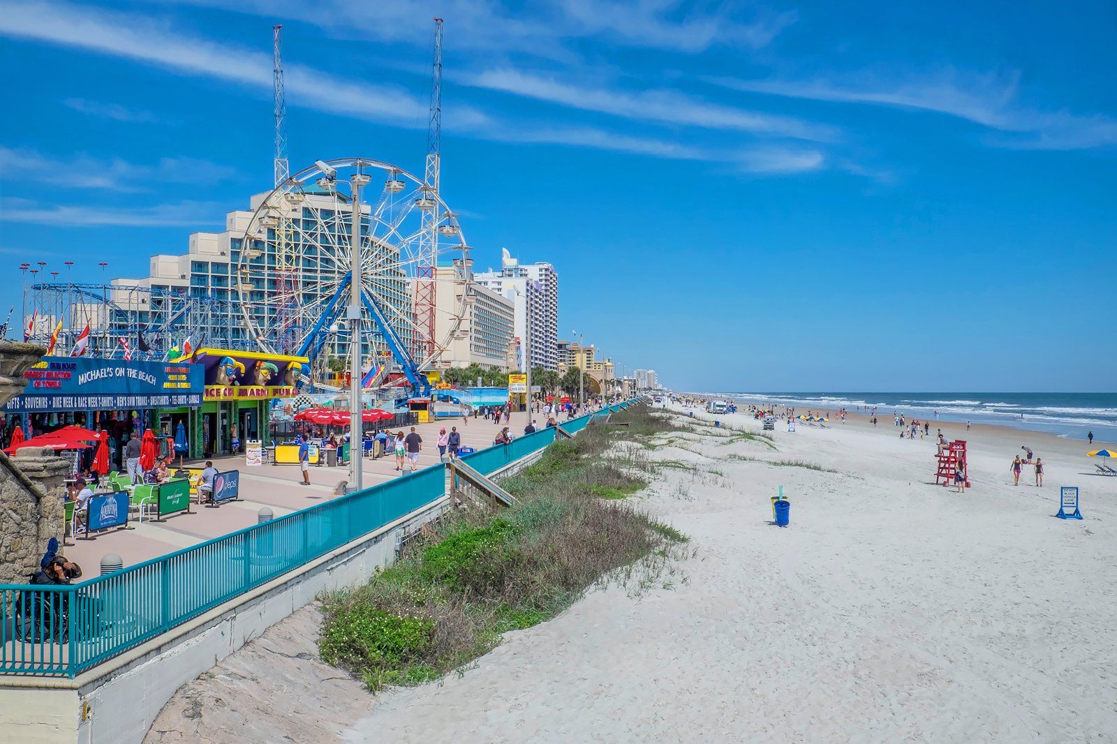 A beach and an amusement park.