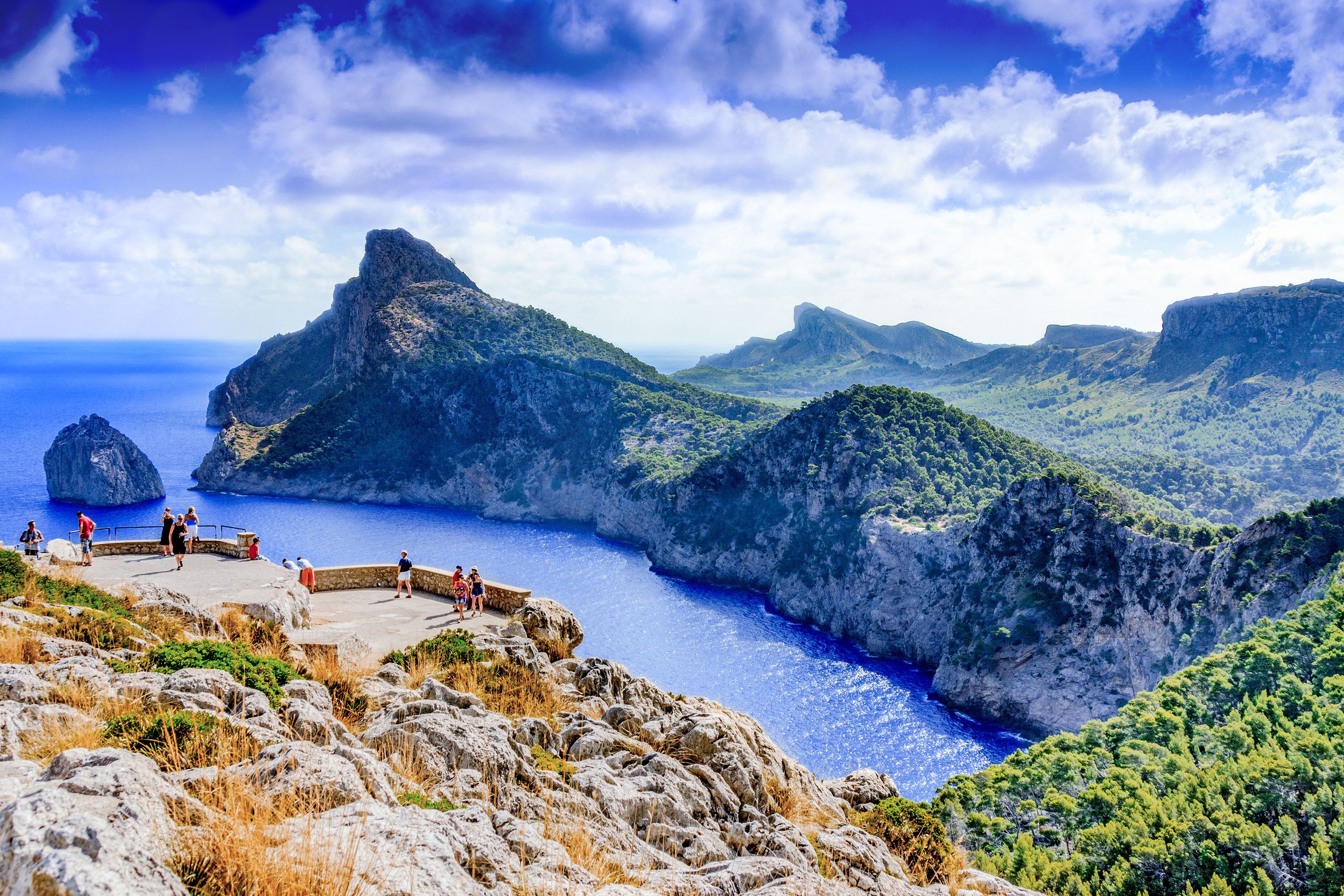 Overhead view looking down over dramatic seascape and cliffs.