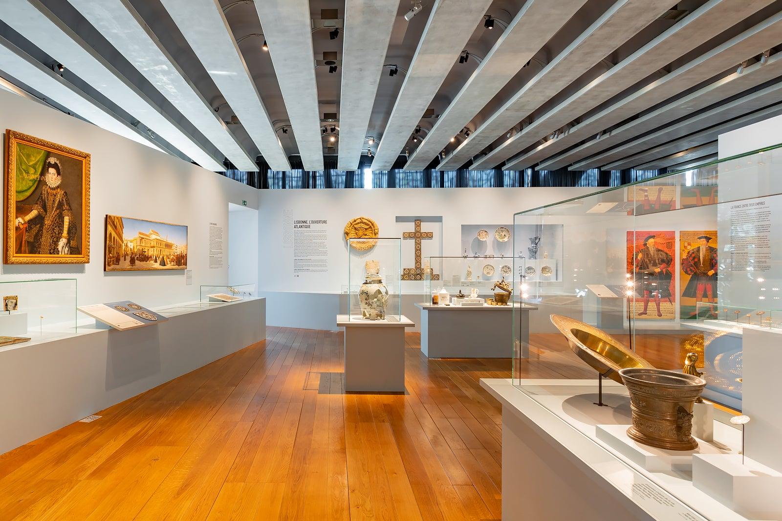 Interior of a museum with artifacts and art