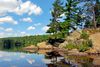 Lake with rocky shore and pine trees.