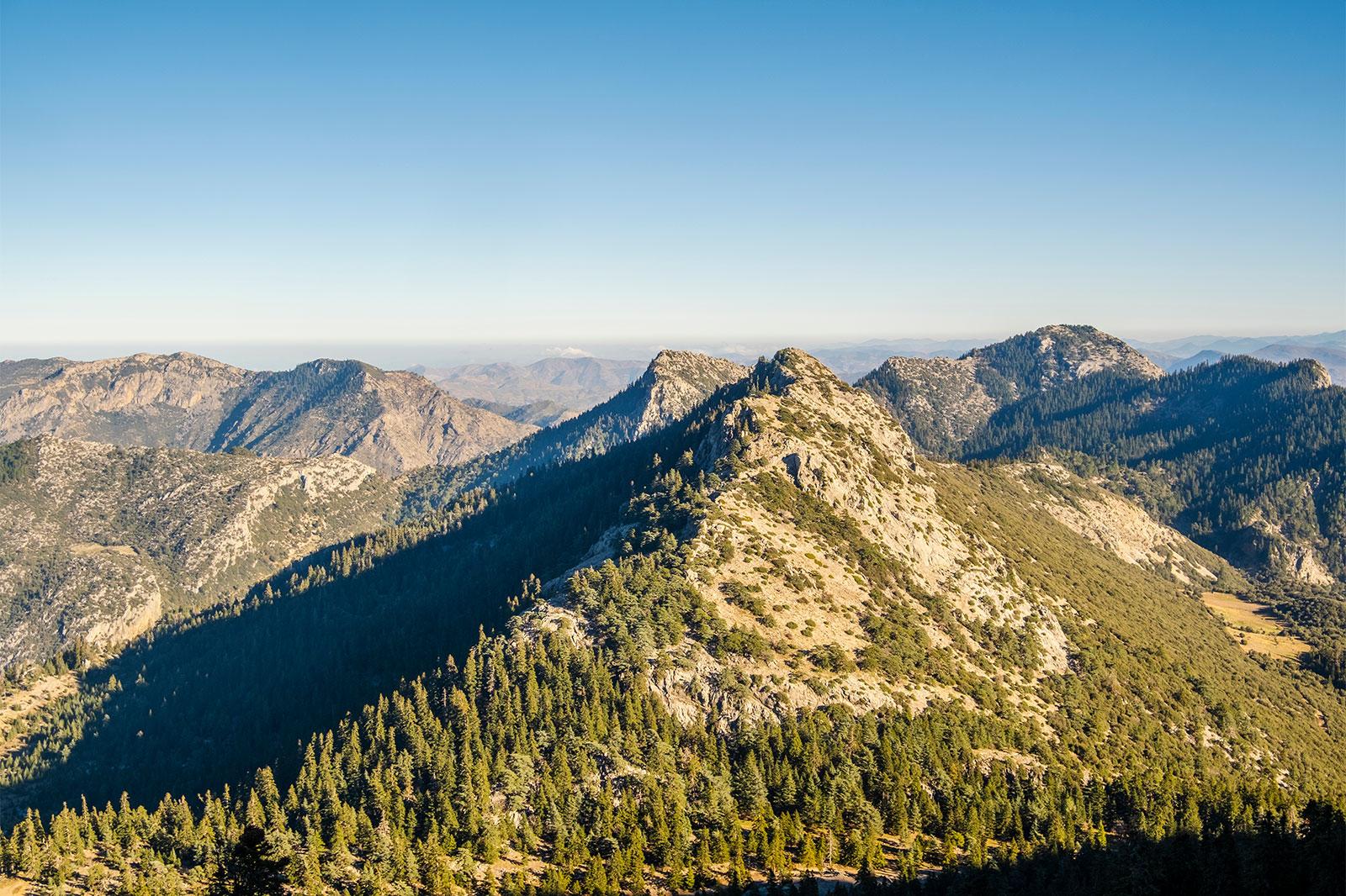 Mountains, blue skies, trees.