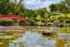 A large lily pond sits in verdant parkland with a bright red bridge on a sunny day