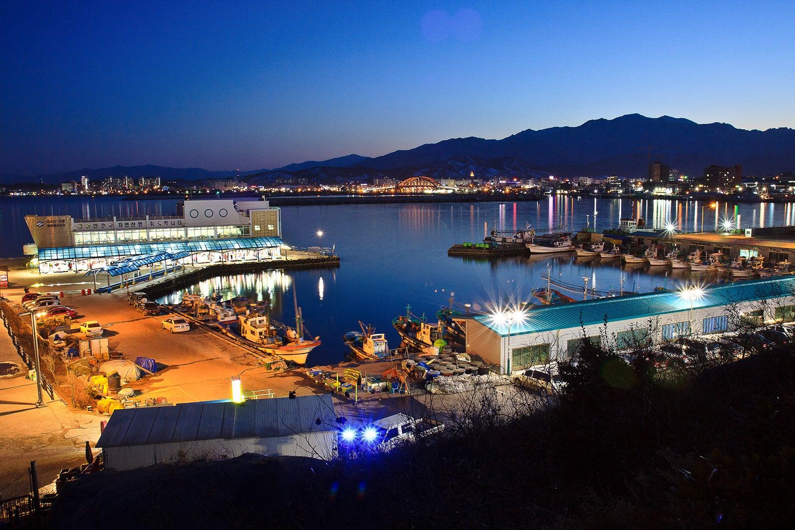 Night time view of an illuminated dock