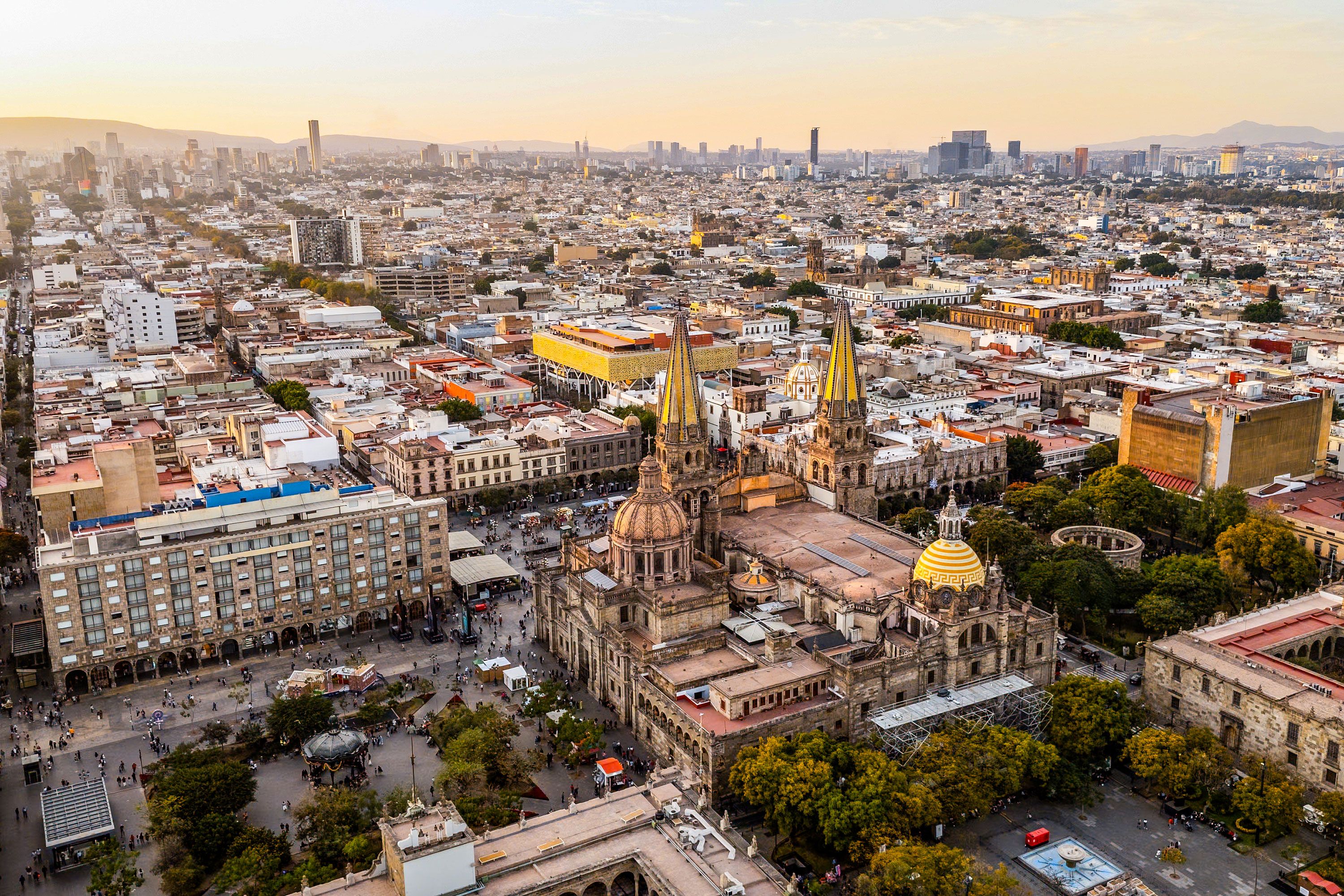 An aerial view of Guadalajara Mexico with the back of the cathedral in foreground.