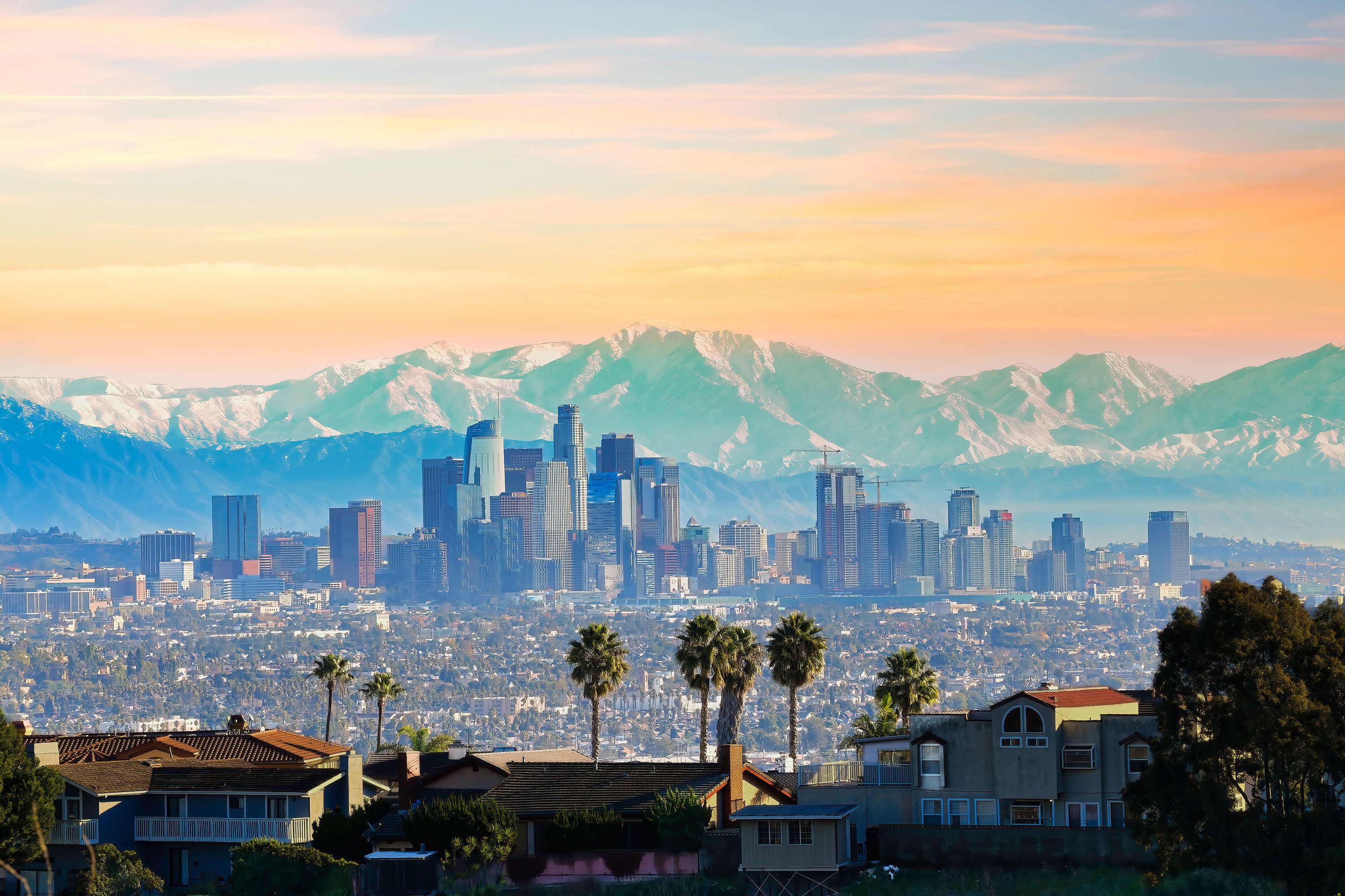 A panorama shot of the city of Los Angeles with palm trees, skyscrapers and mountains in the background.