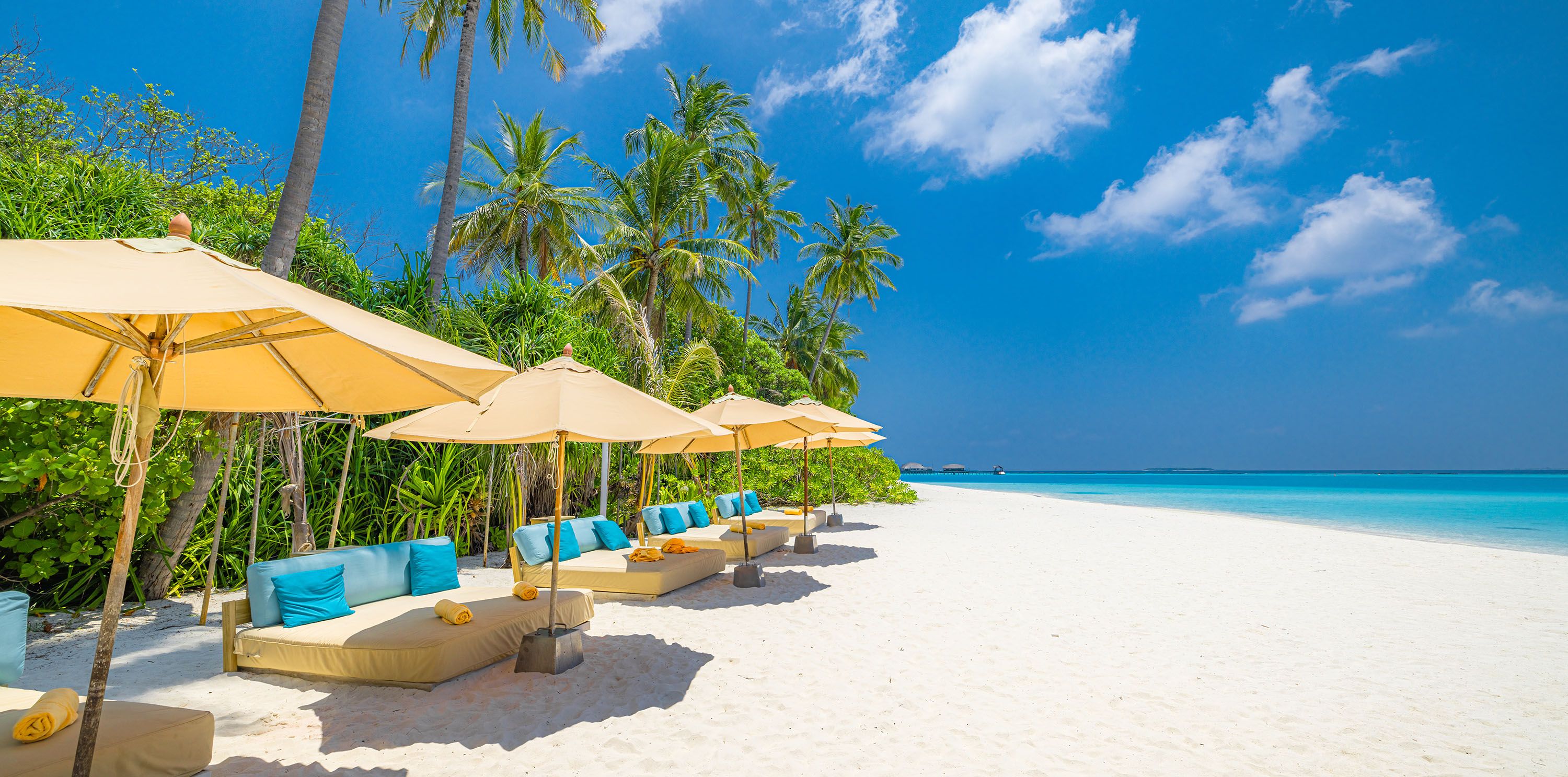 Large lounge chairs on a white sand beach with bright blue water. 