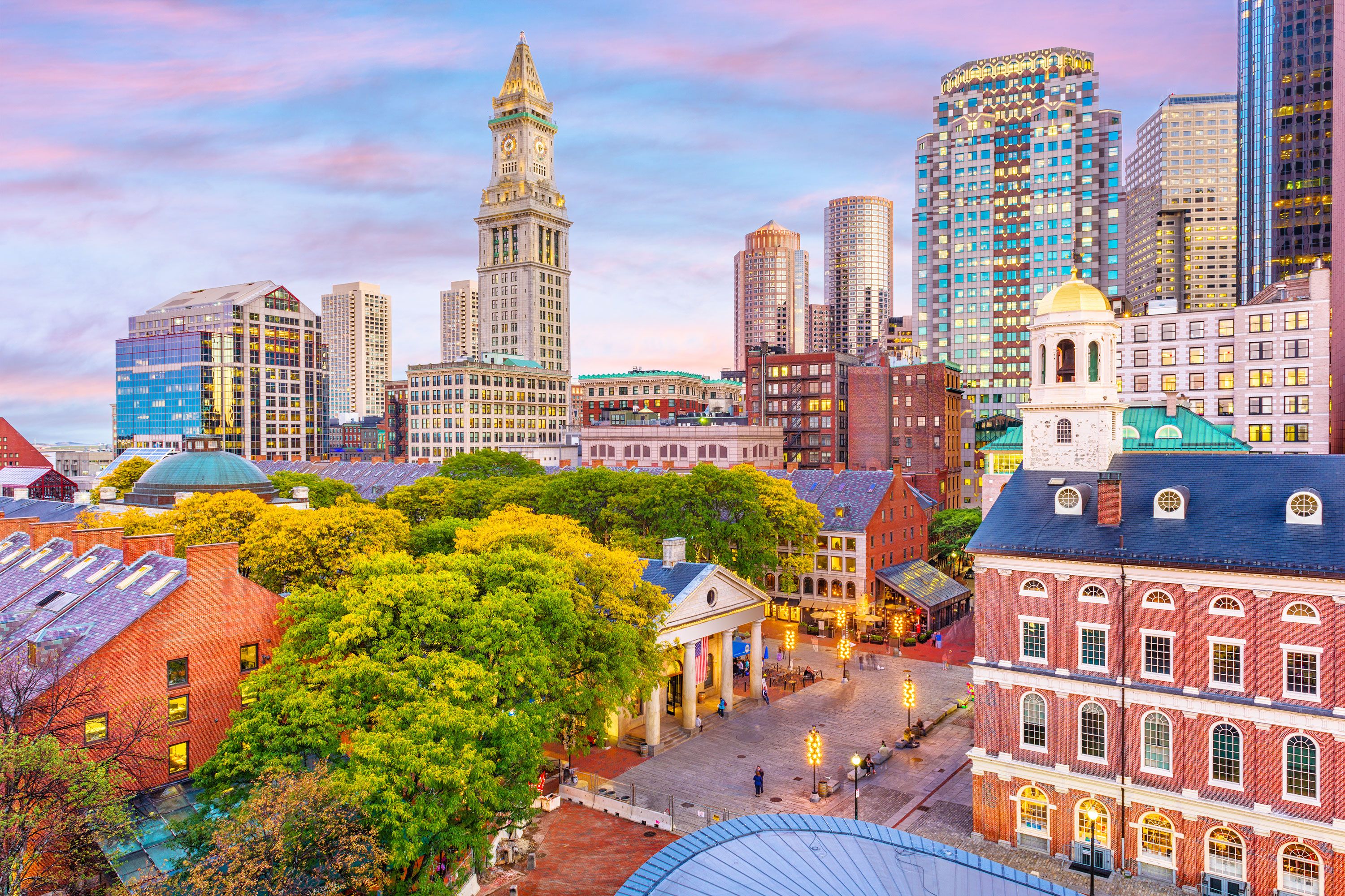 Aerial view of the different buildings in Boston.