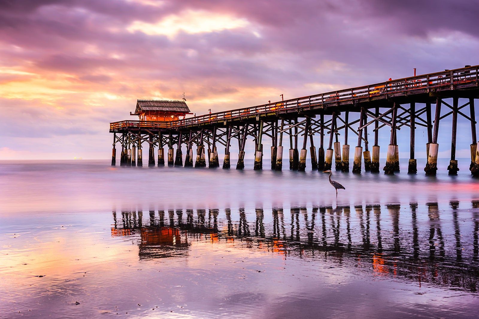 Long pier, a bird by water, sunshine through clouds.