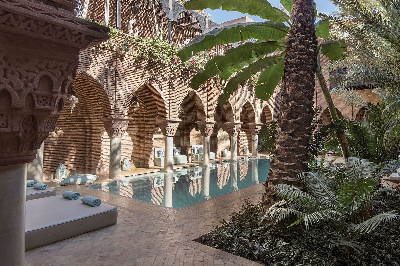 A courtyard with a portico.