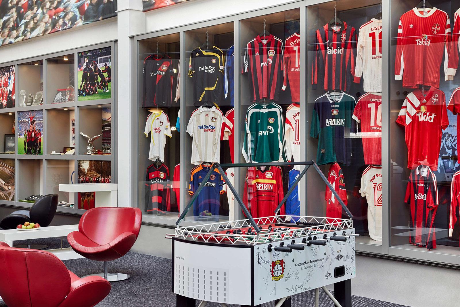 Football T- shirts and gear are seen displayed in a hotel.