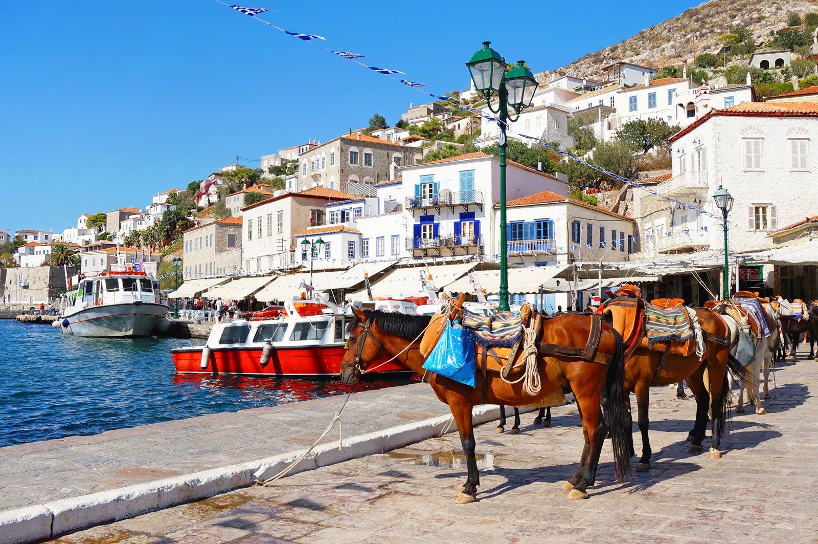 A view of the harbour of a Greek town.
