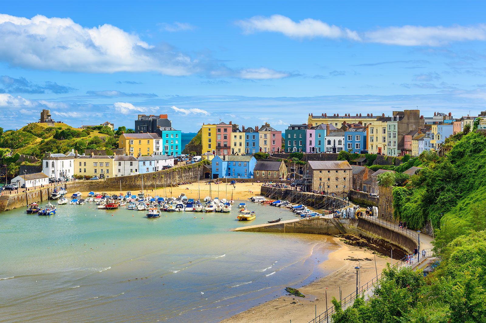 A harbour town with colorful buildings.