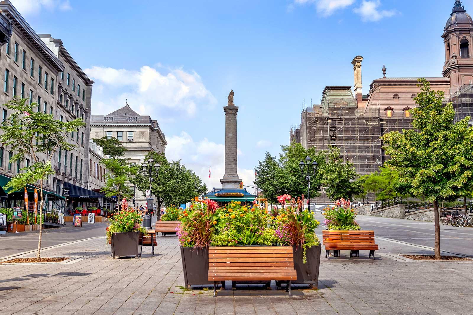 A town square with a monument.