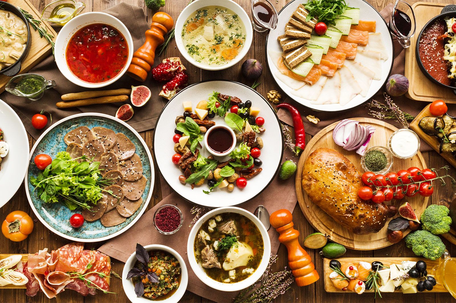 A large spread of food on a table.