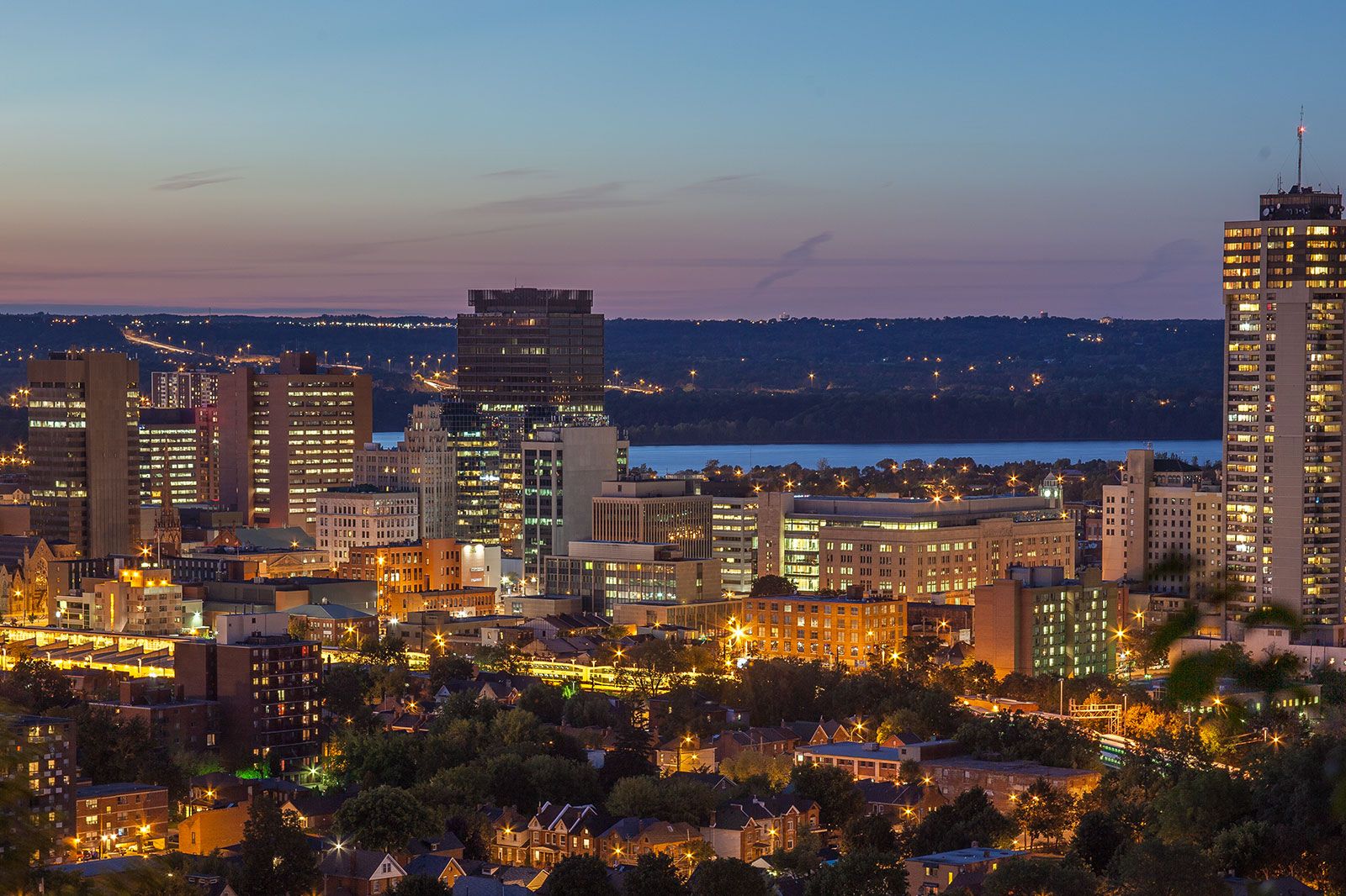 Downtown skyline at night in Hamilton, Ontario.